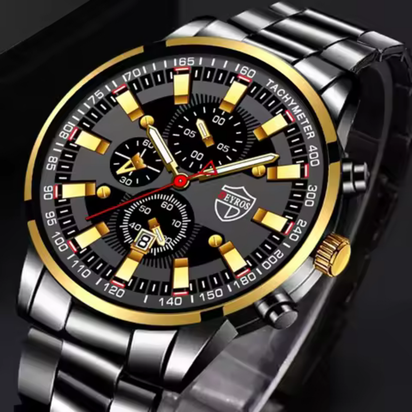 Luxury Men's Quartz Watch – Steel Band, Gold Hands, Calendar, Classic Business Style