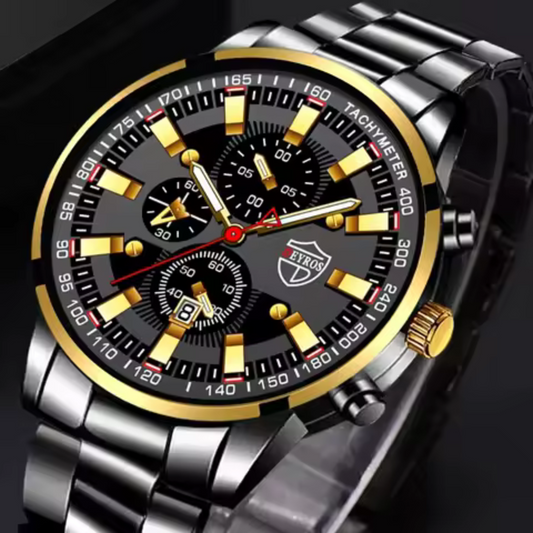 Luxury Men's Quartz Watch – Steel Band, Gold Hands, Calendar, Classic Business Style